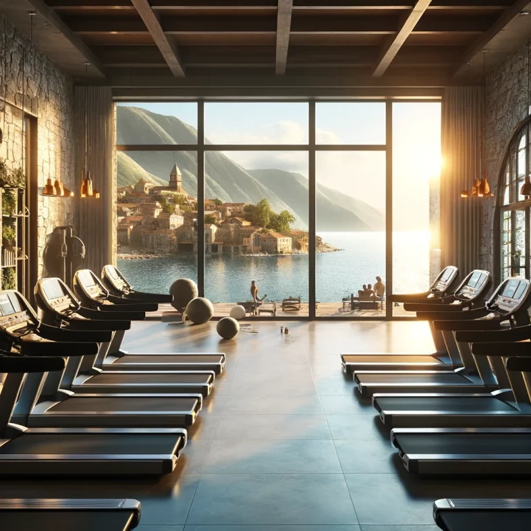 DALL·E 2024-04-06 17.38.30 - Enhance the realistic gym interior with a sea view, brightening the scene significantly. The gym's large windows now reveal a luminous panorama of a c