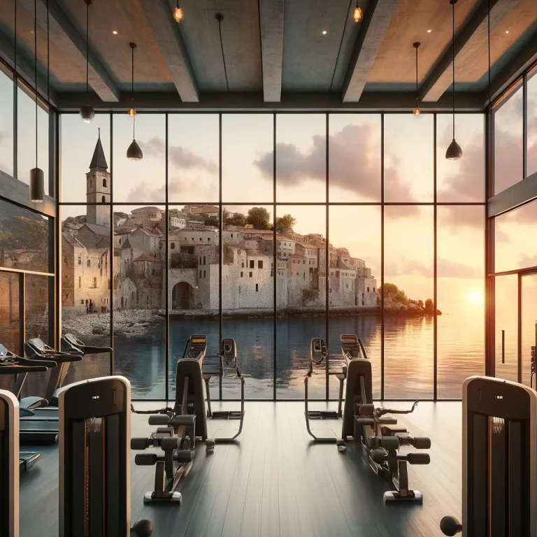 DALL·E 2024-04-06 17.38.49 - Create an image of a modern gym interior with large panoramic windows offering a view similar to the provided photo, featuring a picturesque old Europ