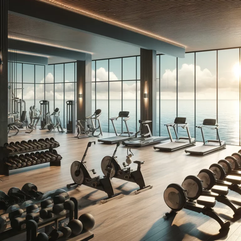 DALL·E 2024-04-06 23.16.01 - Imagine a spacious and modern gym interior filled with a variety of fitness equipment, including stationary bikes, rowing machines, and free weights,