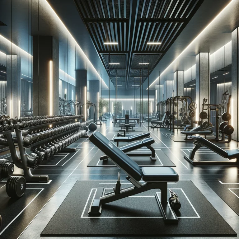 DALL·E 2024-04-07 00.45.28 - Create a detailed image of a modern gym interior, focusing on the weight training area. The scene includes a variety of weightlifting equipment such a