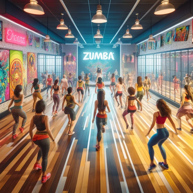 DALL·E 2024-04-07 00.46.01 - Visualize a vibrant and energetic Zumba classroom inside a gym. The room is filled with people moving to the rhythm, and the space is designed to enha