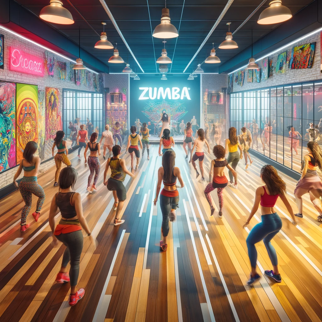 DALL·E 2024-04-07 00.46.01 - Visualize a vibrant and energetic Zumba classroom inside a gym. The room is filled with people moving to the rhythm, and the space is designed to enha
