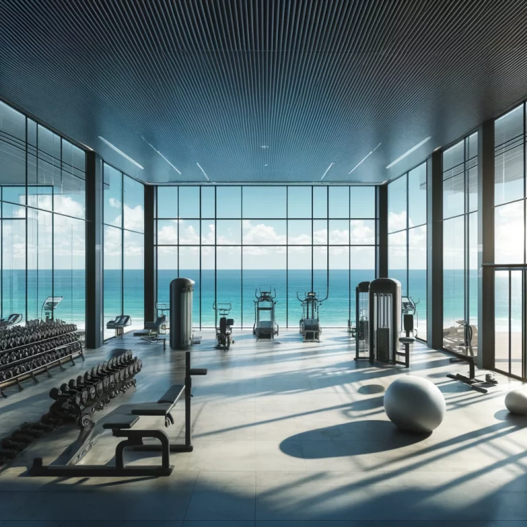 DALL·E 2024-04-07 11.49.58 - Design a modern fitness gym interior with large, clear windows offering an expansive view of the sea. The gym should have a variety of equipment such