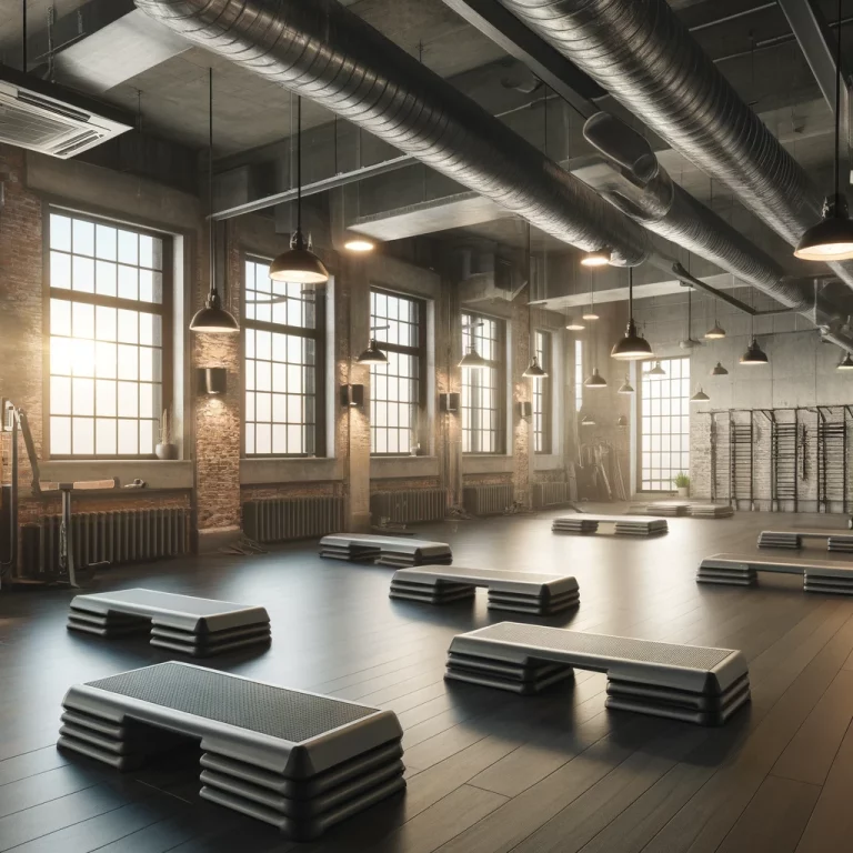 DALL·E 2024-04-07 13.33.38 - Create an image of an industrial-themed group fitness room specifically designed for step classes. The room combines elements of raw industrial charm