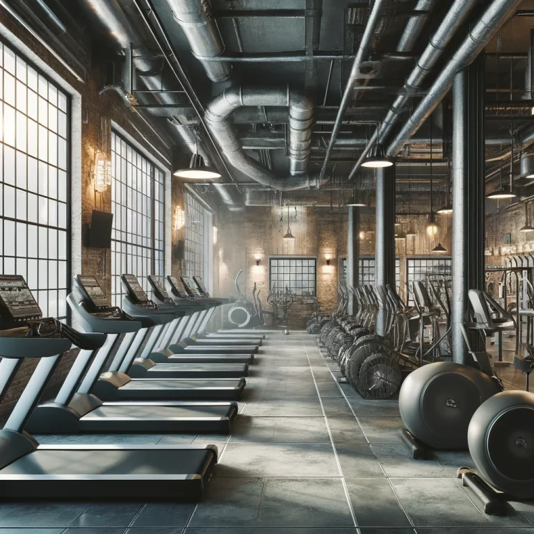 DALL·E 2024-04-07 13.36.54 - Envision an industrial-styled cardio workout space within a gym, featuring robust elements such as exposed piping, brick walls, and concrete flooring