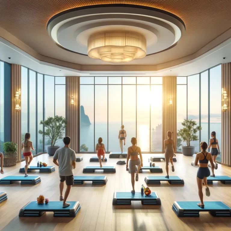DALL·E 2024-04-07 19.56.27 - Create an image of a serene and well-lit fitness room similar to the one provided, but replace the yoga activity with a step class. The room should be