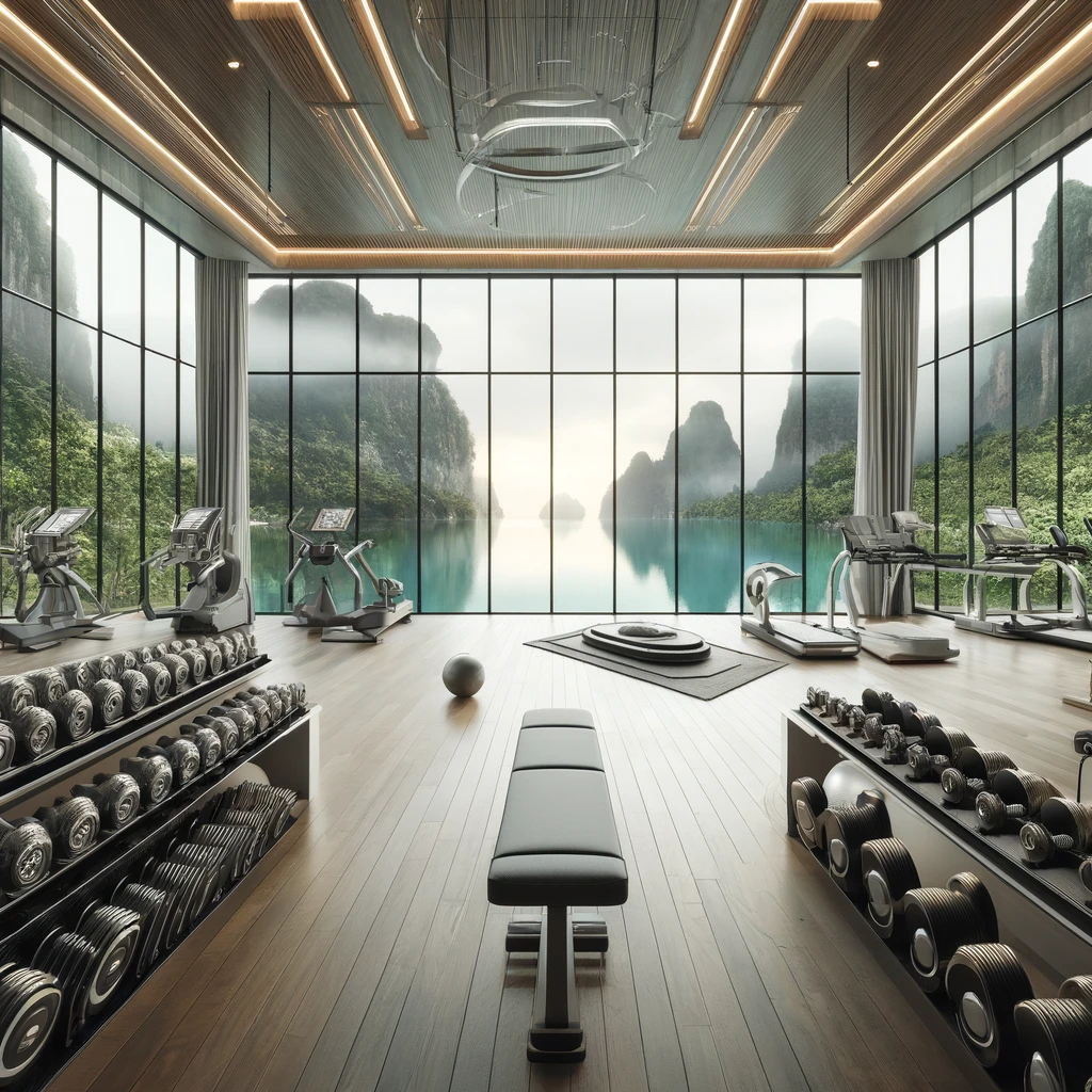 DALL·E 2024-04-07 19.59.19 - Create an image of a luxurious gym interior that closely mirrors the one provided, complete with modern workout equipment such as weight benches, dumb